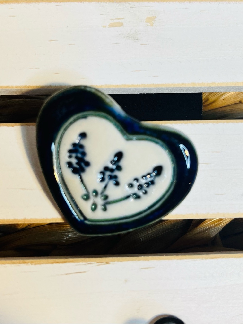 Texas Blue Bonnet Heart-Shaped Ceramic Pin in Cream and Dark Blue
